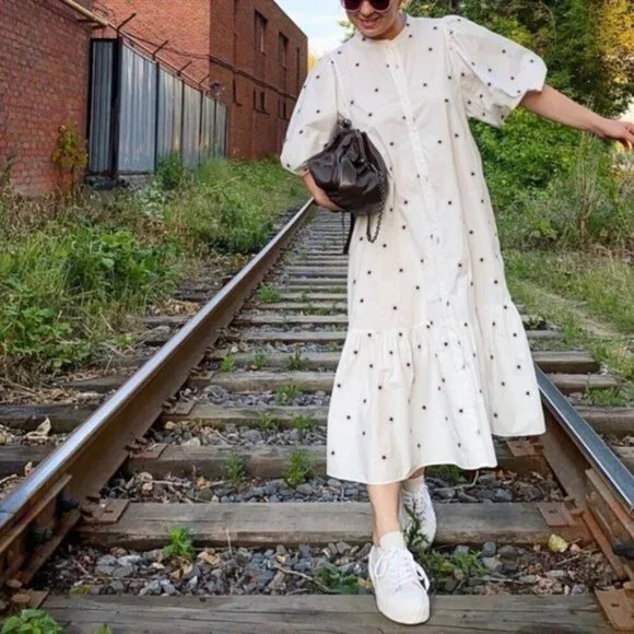 ZARA EMBROIDERED MIDI DRESS WHITE Flounced hem - Picture 5 of 8